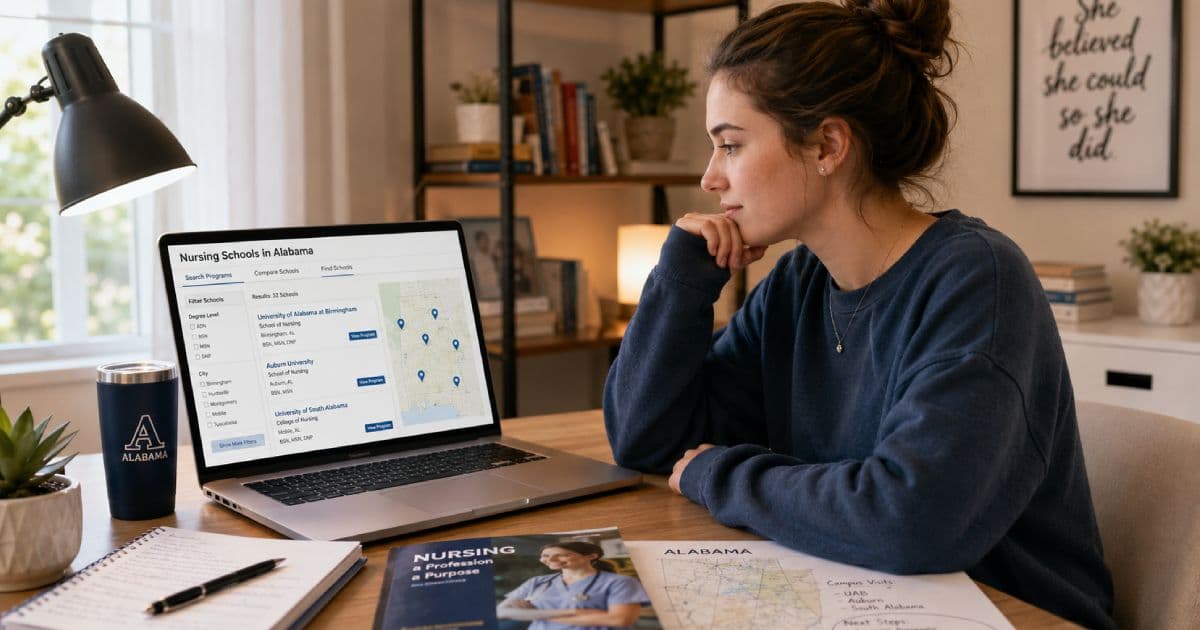 Nursing student reviewing Alabama nursing school options and NCLEX preparation materials