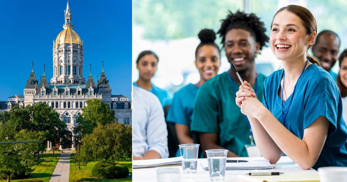 Nursing students with the Connecticut State Capitol