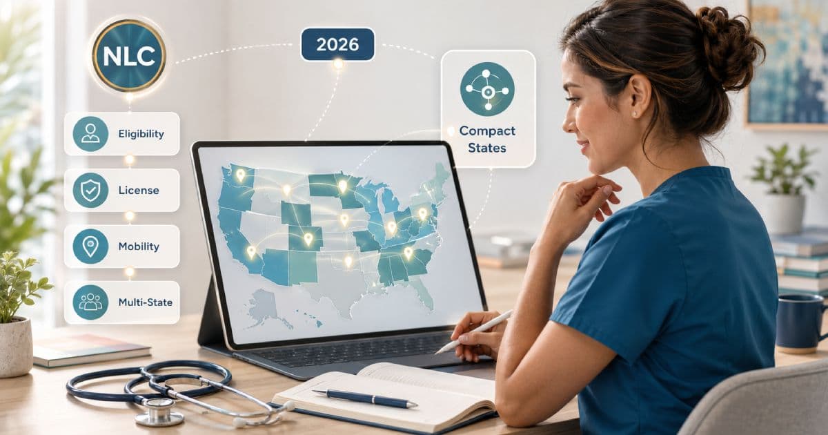 Nurse reviewing compact nursing states and multistate license rules