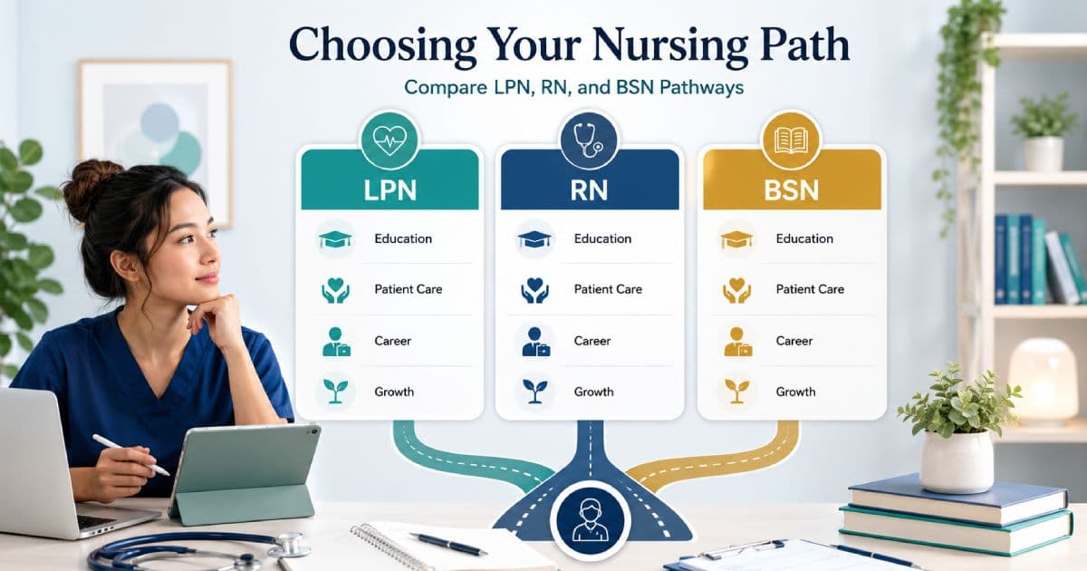 Nursing student comparing LPN RN and BSN career pathways