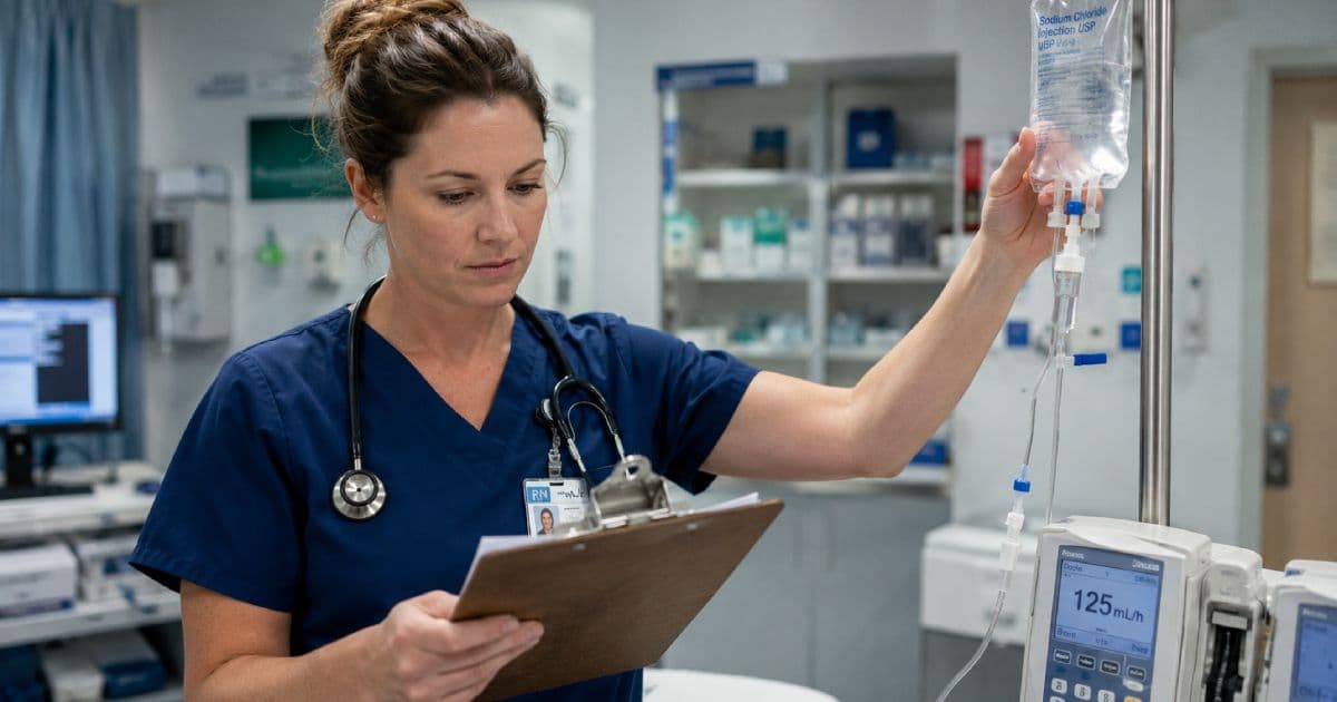 Nursing student practicing medication dosage calculations and IV drip math