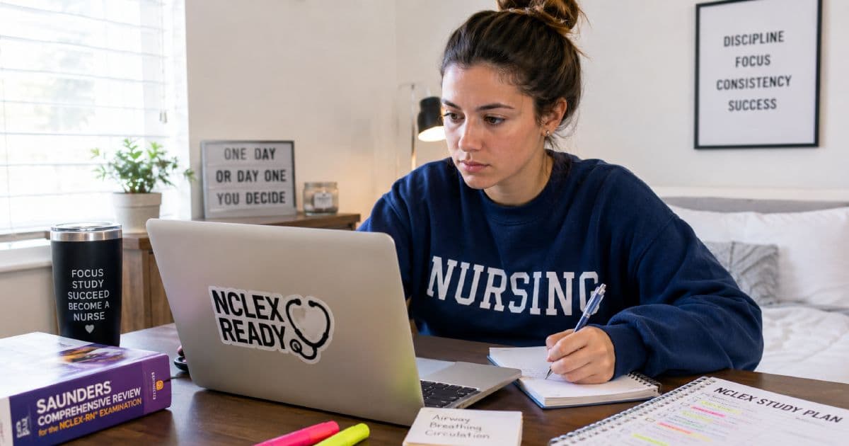 Nursing student preparing for the NCLEX exam with study notes and practice questions