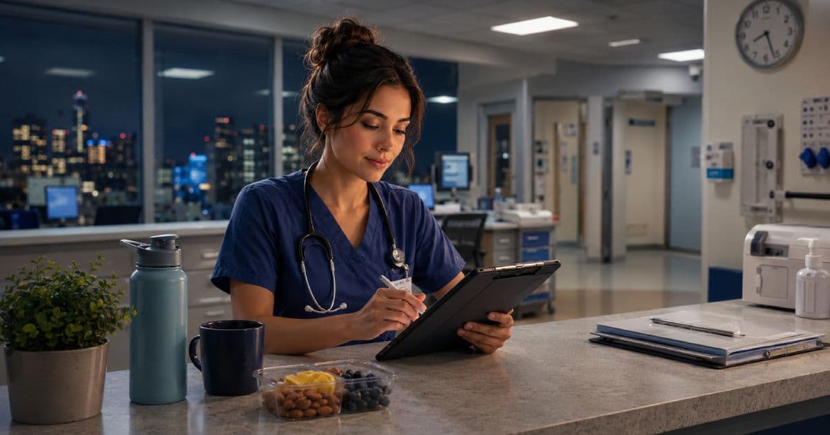 Nurse preparing for a night shift with sleep and recovery tools
