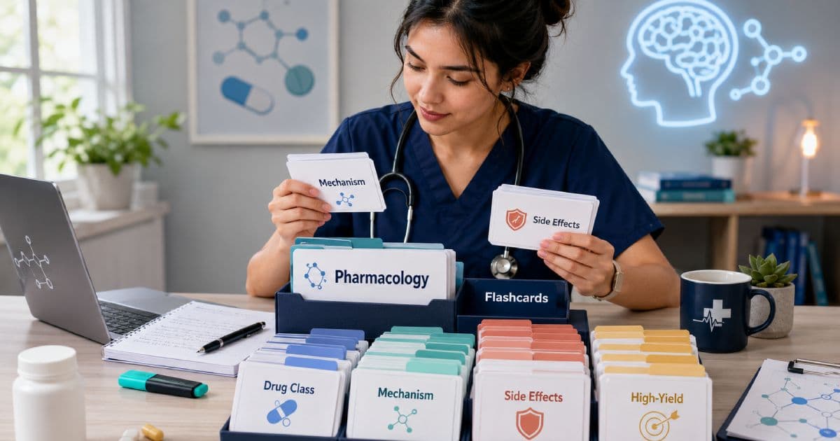 Nursing student reviewing pharmacology flashcards by drug class