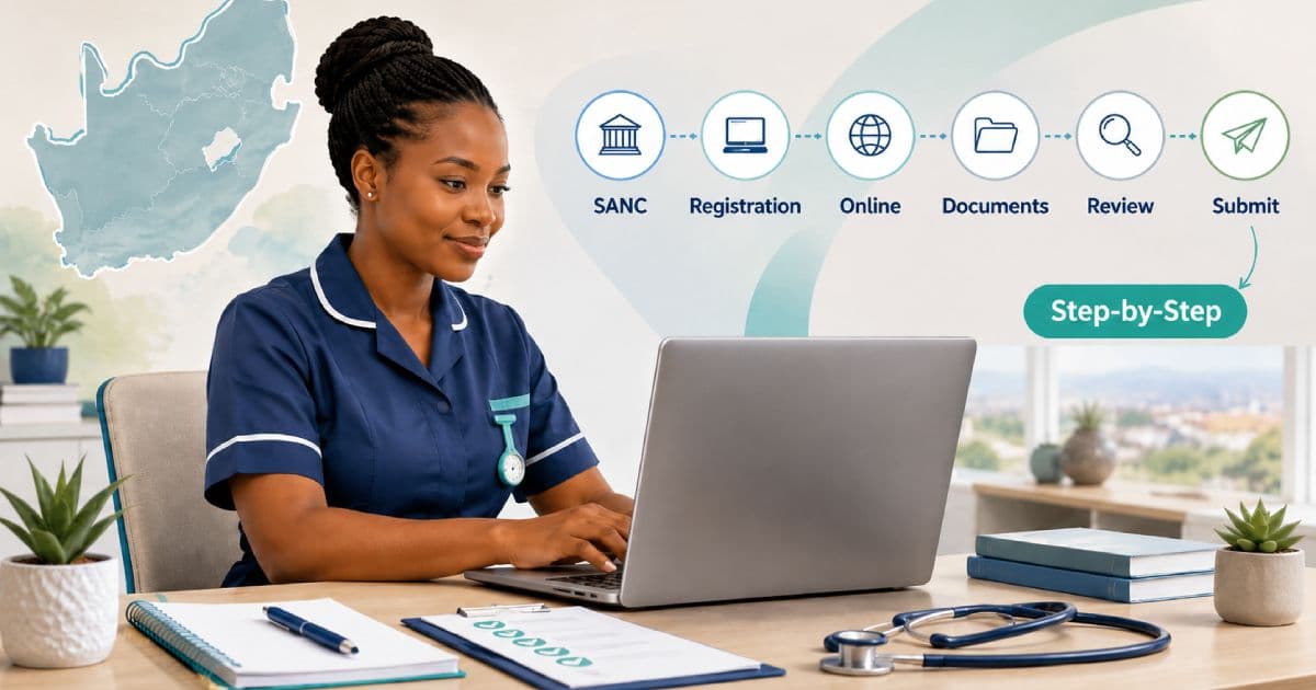 South African nurse completing SANC registration steps on a laptop