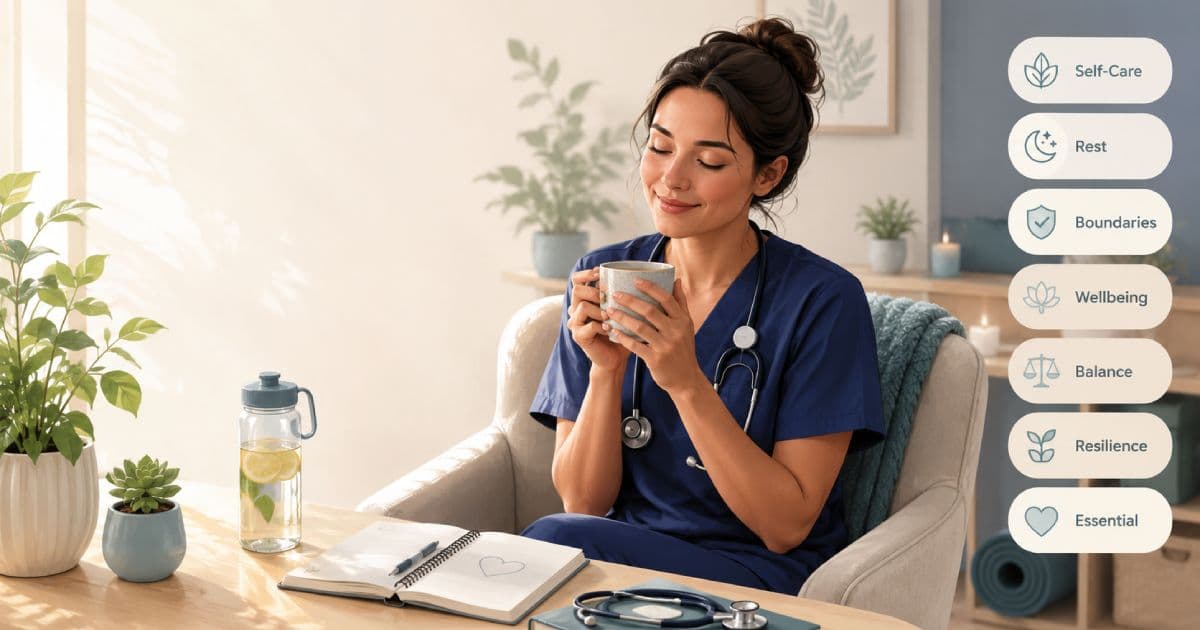 Nurse in scrubs taking a quiet self-care break with tea and a journal