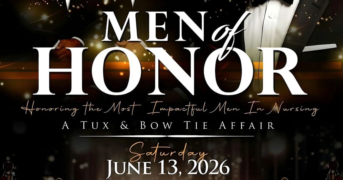 Men of Honor event flyer with black and gold tuxedo design for the Most Impactful Men in Nursing awards in Savannah