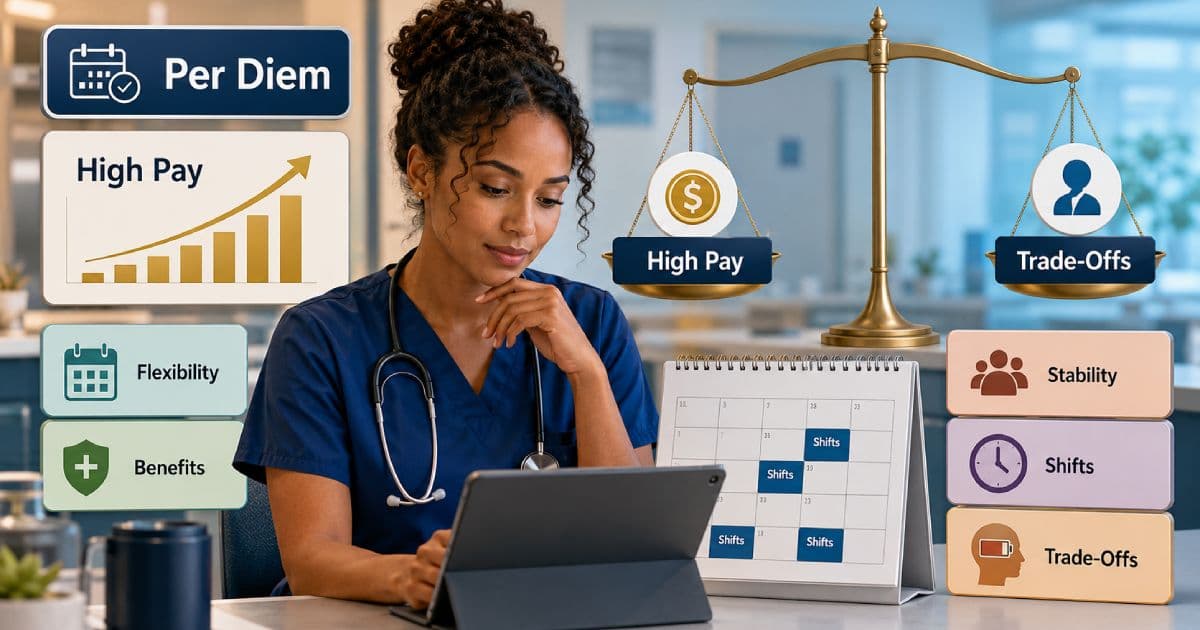 Nurse comparing per diem nursing pay flexibility and trade-offs