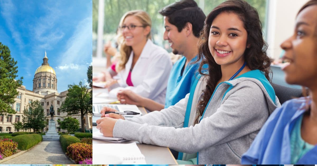 Nursing students in class with the Georgia State Capitol
