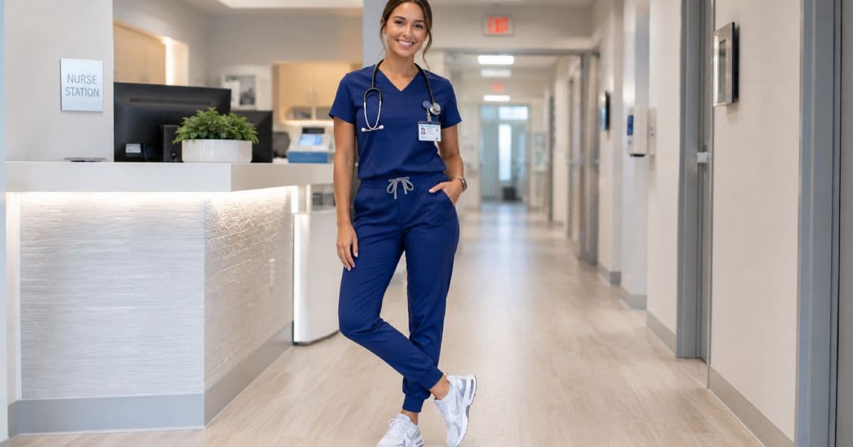 Nurse wearing comfortable supportive shoes for long hospital shifts