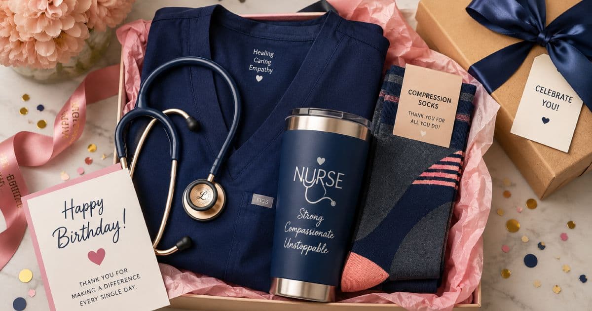 Birthday gifts for nurses arranged with scrubs, compression socks, a tumbler, and a stethoscope