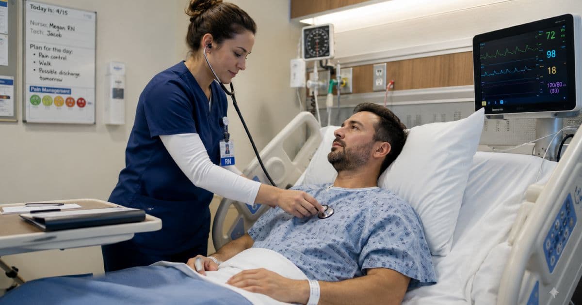 Nurse performing systematic head-to-toe patient assessment with stethoscope