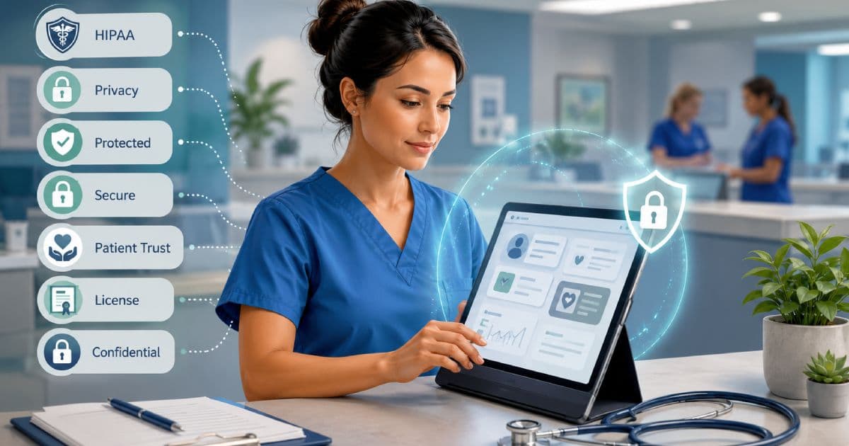 Nurse reviewing patient privacy and HIPAA security information on a tablet