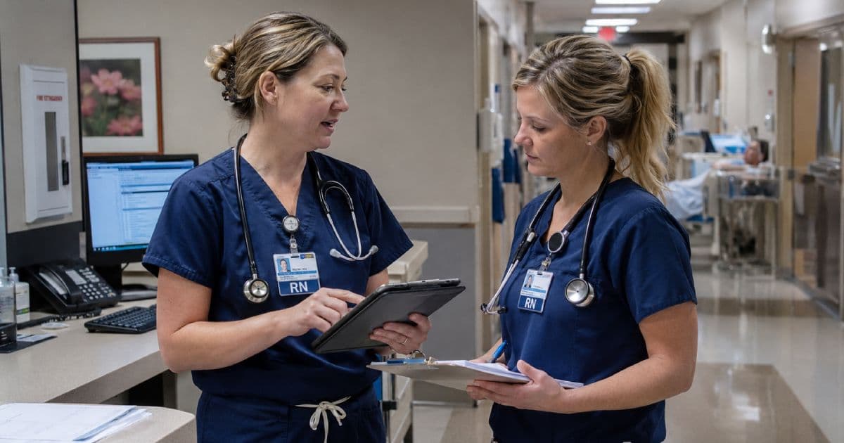 Nurses conducting bedside shift report using SBAR communication structure